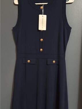 Sleeveless Navy Dress with Gold Buttons -